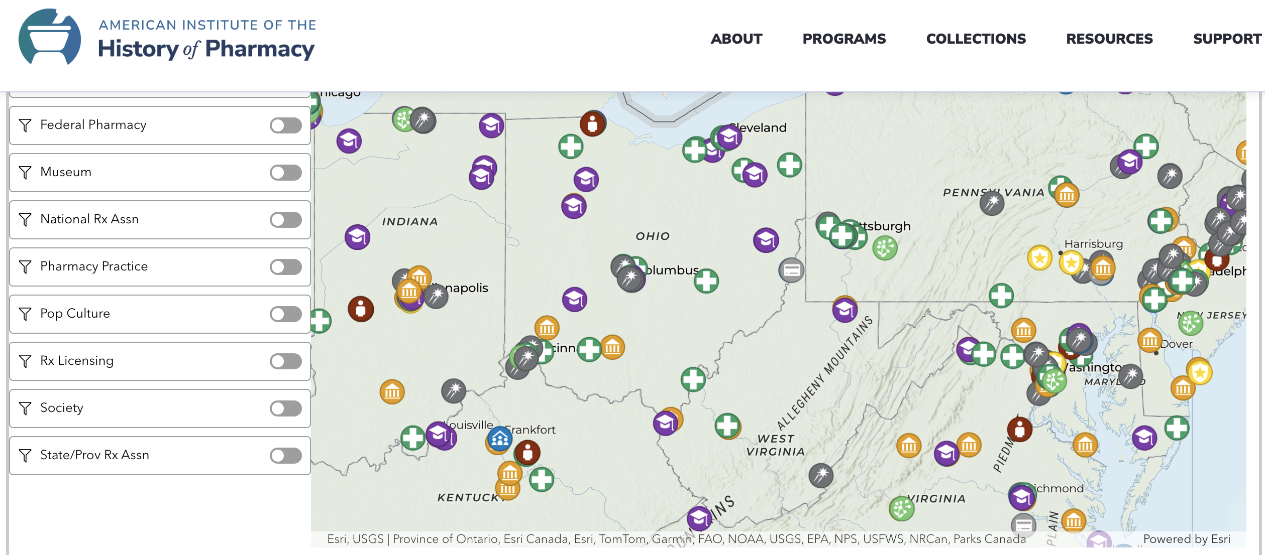 A regional map showing pins of historic pharmacy locations based on the American Institute of the history of Pharmacy.